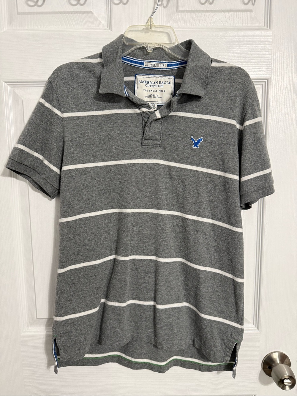 American Eagle Outfitters Gray and White Striped Polo with Blue Logo